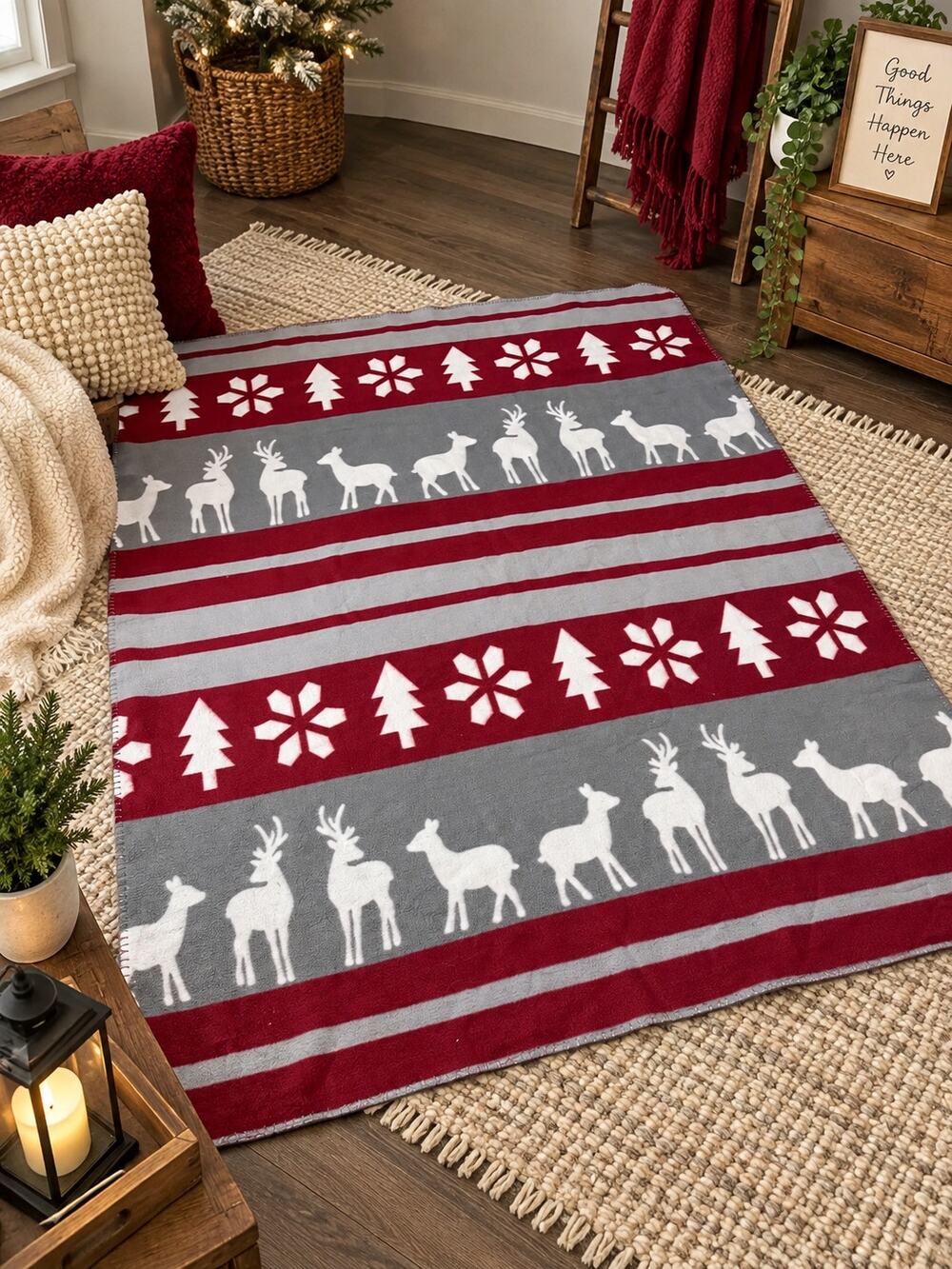 Red Gray & White Christmas Reindeer Snowflake Fleece Throw Blanket